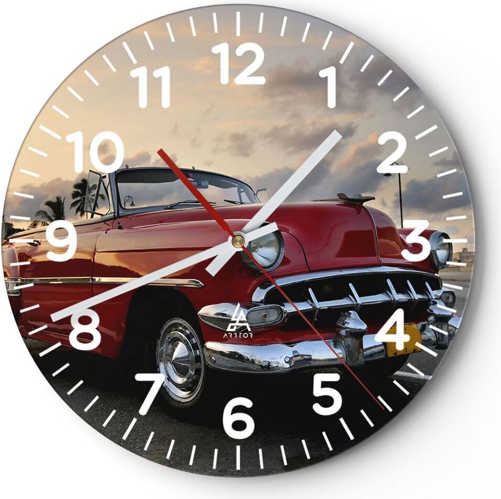 Wanduhr - Rund - Glasuhr - Auto Kuba Himmel - 40x40cm - Schleichendes Uhrwerk - Lautlos - zum Aufhängen bereit - Dekoration Modern - Wanddekoratio...