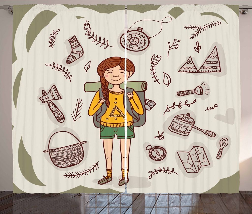 ABAKUHAUS Erkunden Rustikaler Gardine, Wanderer-Mädchen-Rucksack, Schlafzimmer Kräuselband Vorhang mit Schlaufen und Haken, 280 x 225 cm, Mehrfarbig