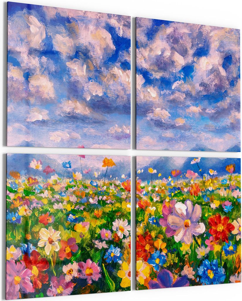 DEQORI Glasbild Echtglas 4x50x50 cm 'Blumenwiese und Berge' Wandbilder XXL groß