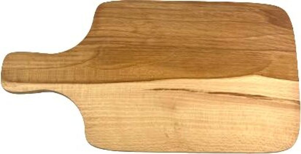 A wooden cutting board with a handle is shown against a white background.