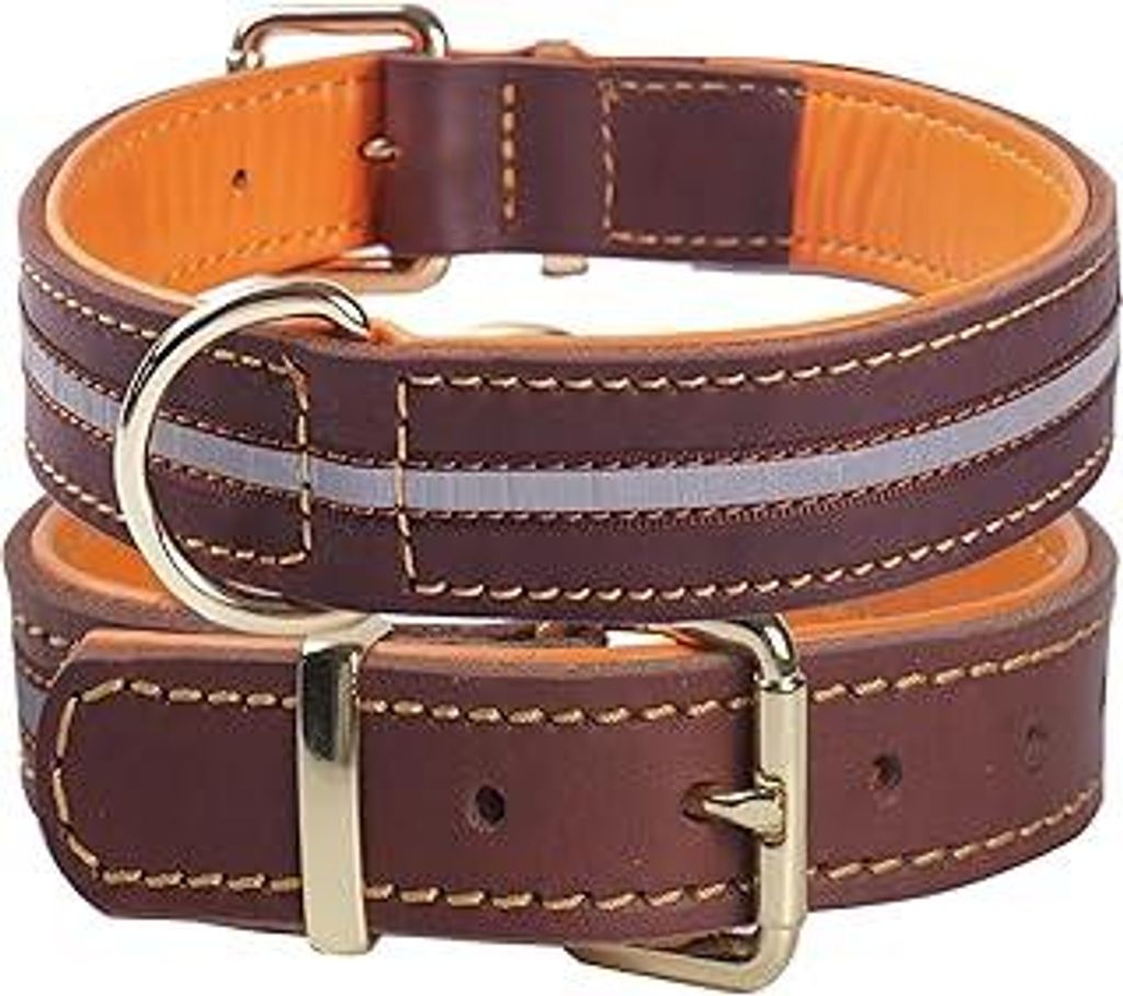 Hochbelastbares Reflektierendes Echtleder Hundehalsband, Verstellbares Weich Gepolstertes Halsband für Mittelgroße, Große und Extra Große XL-Hu...