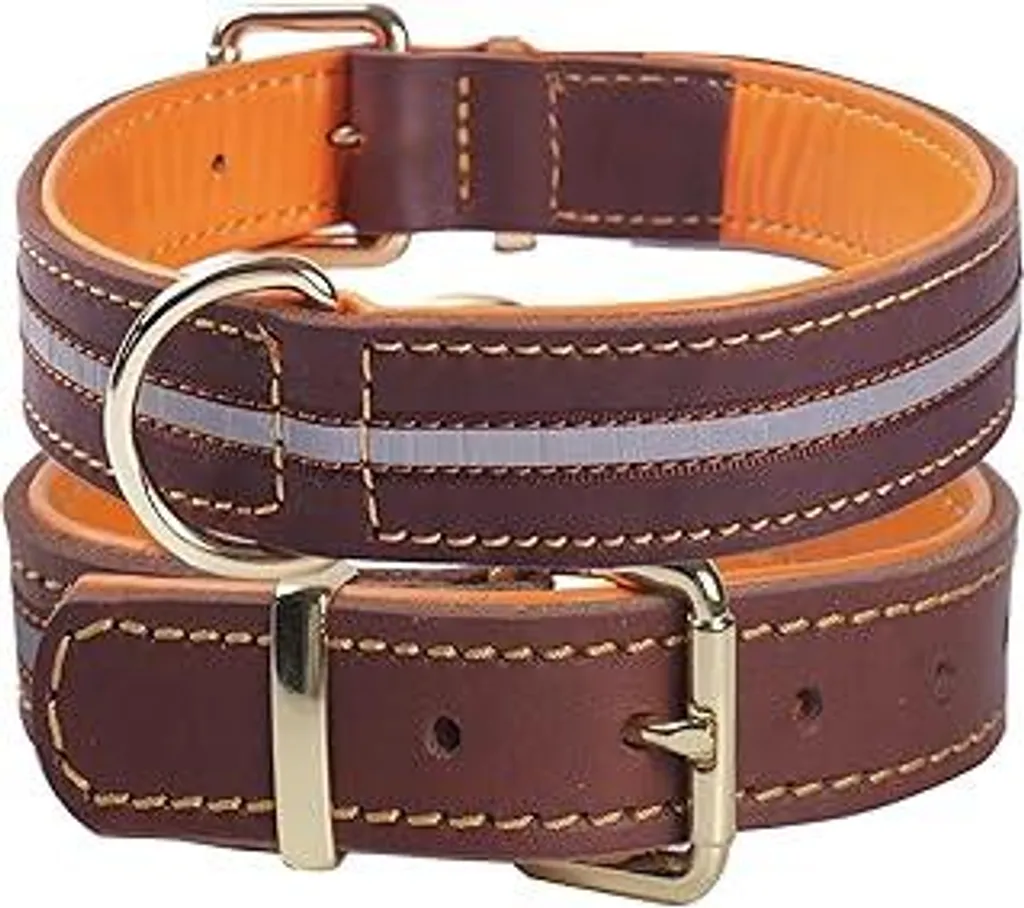 Collare per cani in vera pelle riflettente altamente resistente, collare regolabile e morbido imbottito per cani di taglia media, grande ed extra large XL (marrone M)