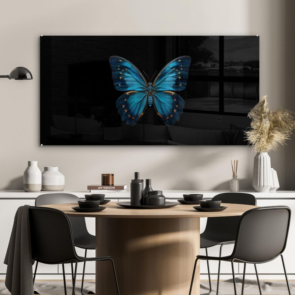 MuchoWow Glasbilder - Bilder auf Wandbild - Foto auf Glas Schmetterling - Blau - Kontrast 120x60 cm Wanddekoration aus Glas - Acrylglasbild - Acryl...