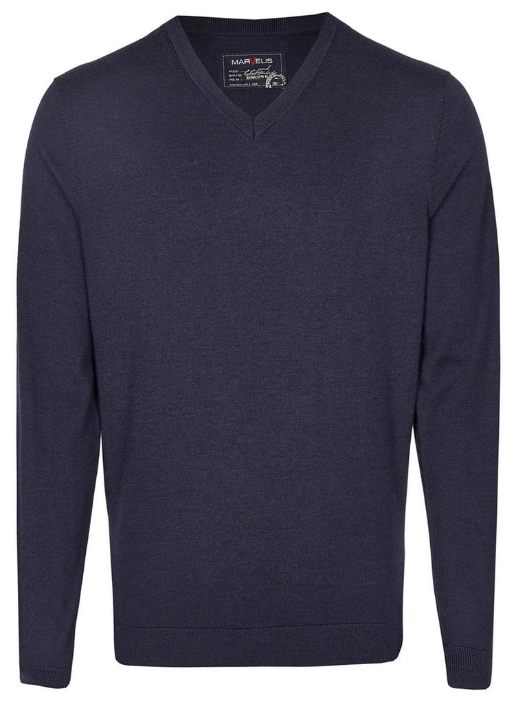 MARVELIS heren trui wol, V-hals, donkerblauw
