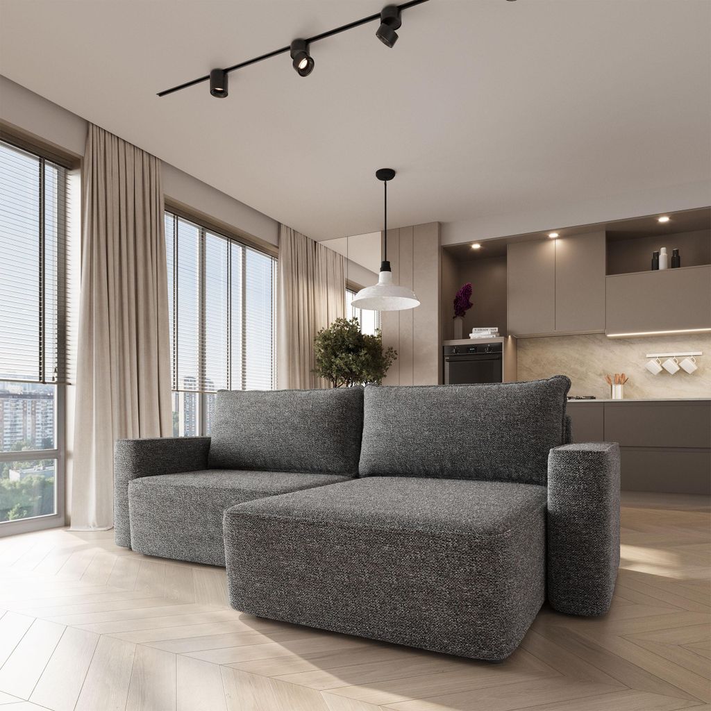 Masseno Ecksofa BELISE mit Schlaffunktion L-Form, Sofa mit Bettkasten, Wohnzimmersofa, Couch, Soffa, Bettsofa, Couchgarnitur- Grau, BELLA 20