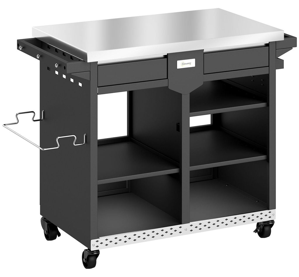 Grillwagen 5-Etagen Grilltisch mit Edelstahl Arbeitsfläche verstellbar Regale Schublade Rollen Gewürzhalter Müllständer