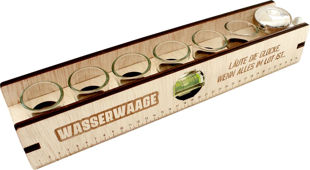 Wasserwaage mit Schnapsgläsern und Glocke Produktbild 