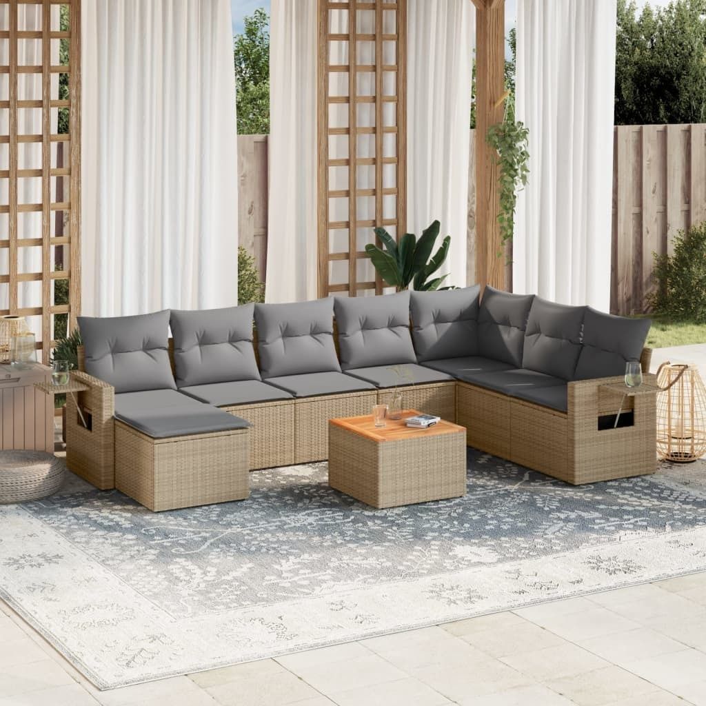 9-tlg. Garten-Sofagarnitur - mit Kissen Beige Poly Rattan - Sitzgruppe 3224701