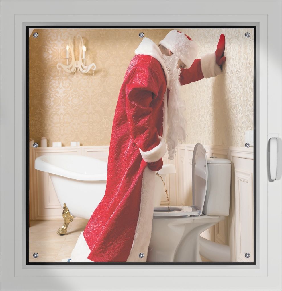 Wallario Lichtschutzbild, Dekorativer Sichtschutz Sonnenschutz 96 x 93 cm mit Motiv: Weihnachtsmann macht Pause und pinkelt auf edler Toilette - Ve...