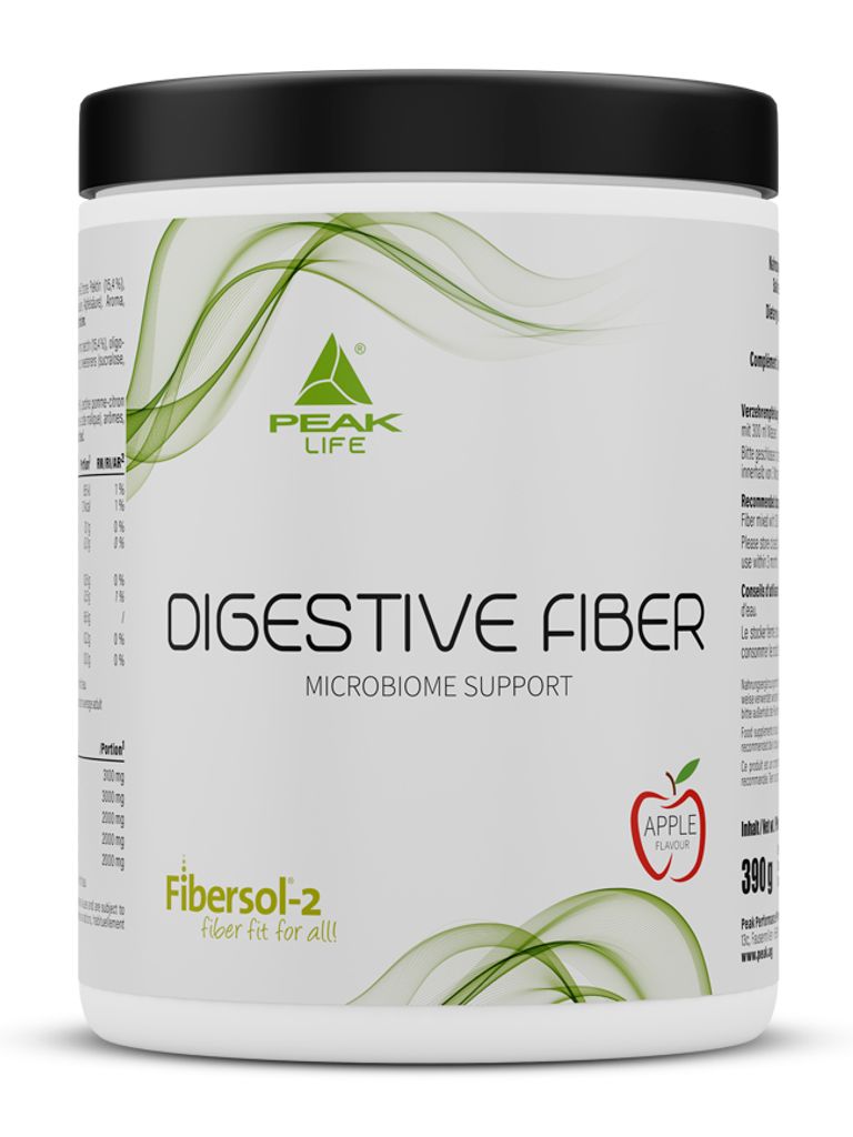 PEAK Digestive Fiber - 390g Geschmack Apple I Pulver I 30 Portionen I über 8g Ballaststoffe pro Portion I Fibersol -2 I Flohsamen I Inulin I Pektin