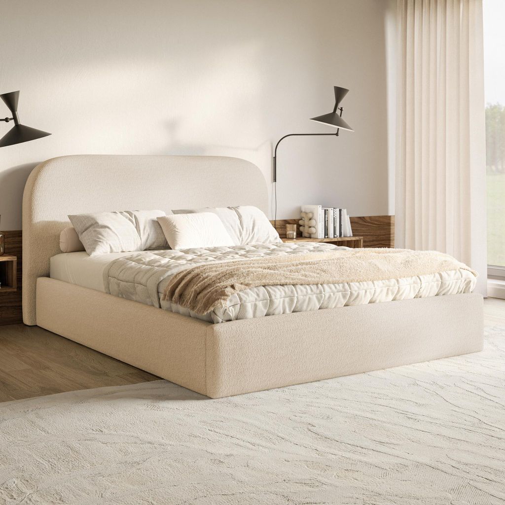 MOTIVENA Mono Polsterbett 160x200 mit Bettkasten, Metall Lattenrost, Bett 160x200 Beige Boucle (Catch Me 02)