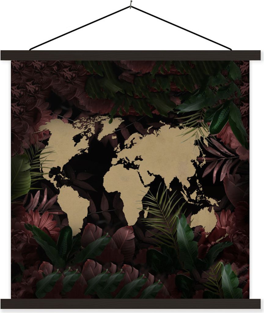 MuchoWow Textilposter Weltkarte - Pflanzen - Einfach 60x60 cm mit schwarzem Rahmen - Posteraufhänger
