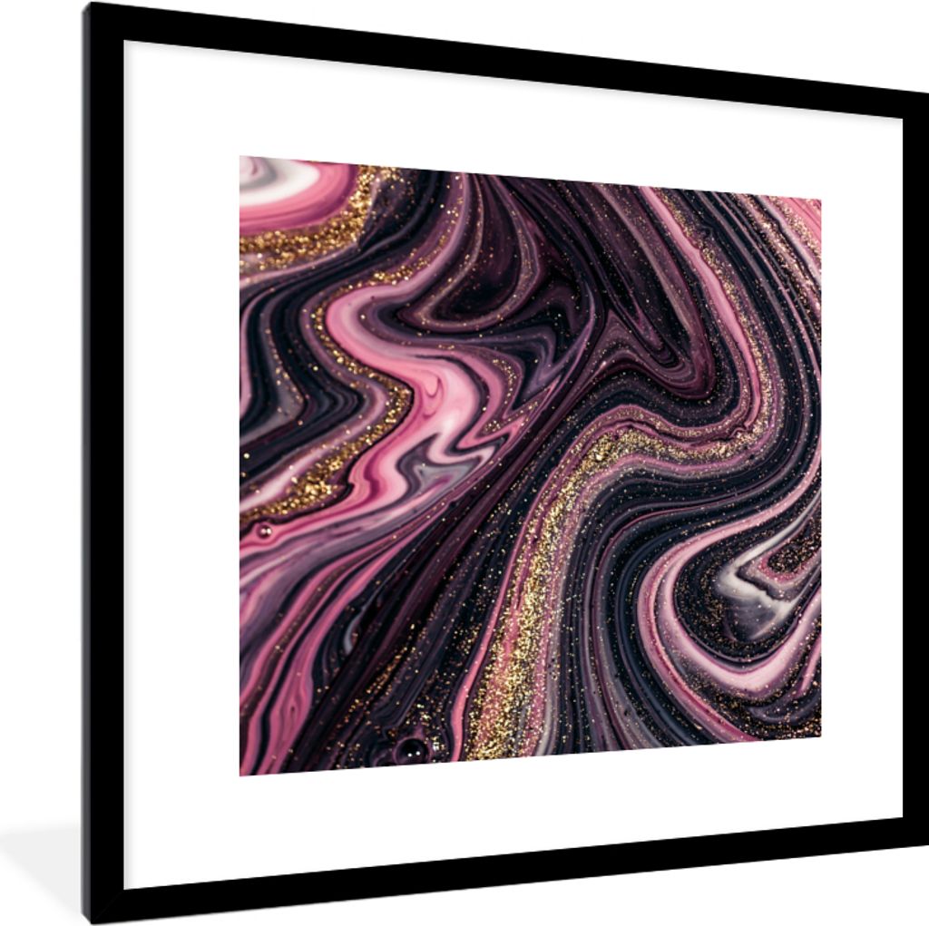 MuchoWow Gerahmtes Poster Marmoroptik - Rosa - Lila - Gold - Luxus - Marmor 40x40 cm - Poster mit Schwarzem Bilderrahmen Wandposter Rahmen Foto B...