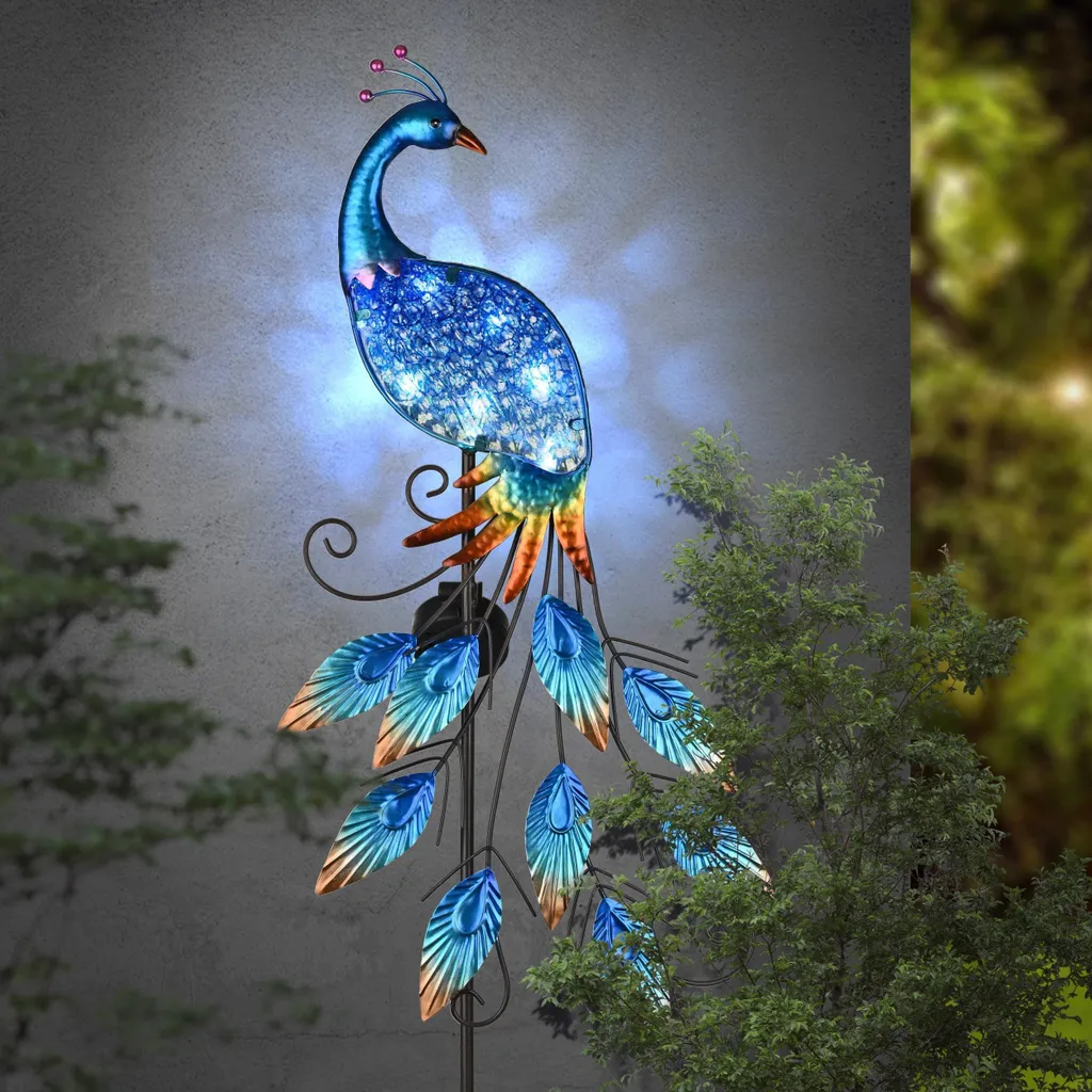 Lampe de jardin solaire paon en métal étanche bleue, décoration 102 cm