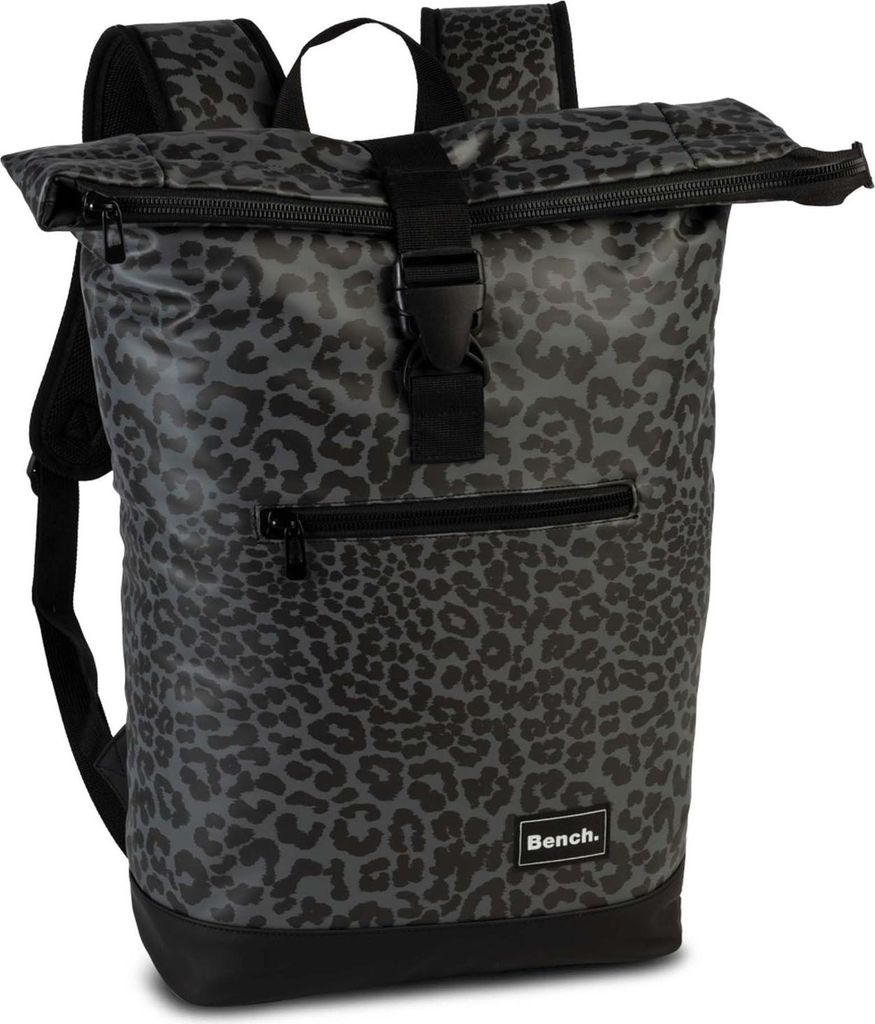 A roll-top backpack with a leopard print pattern.