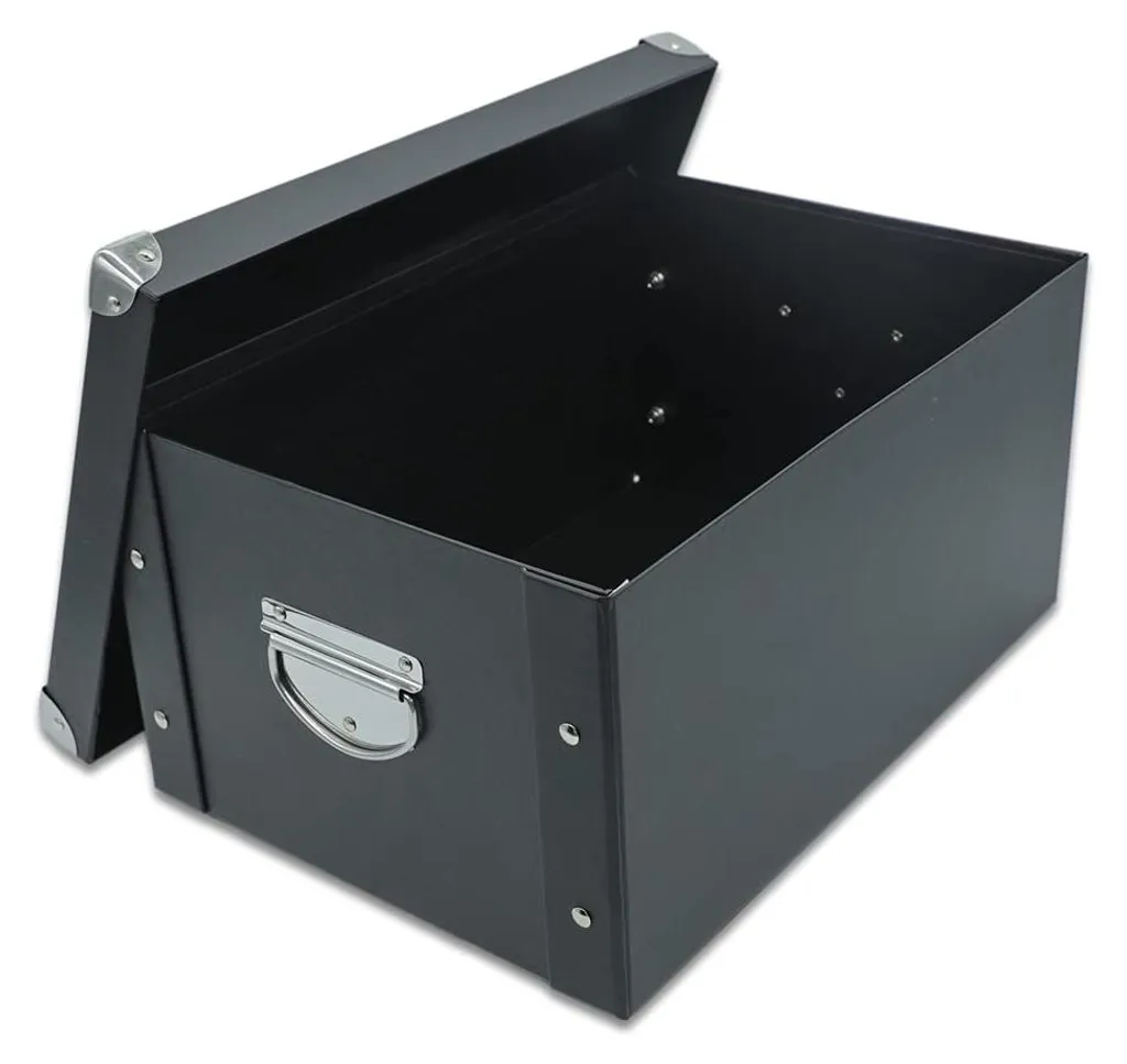Boîte de rangement avec coins métalliques et couvercle amovible noire