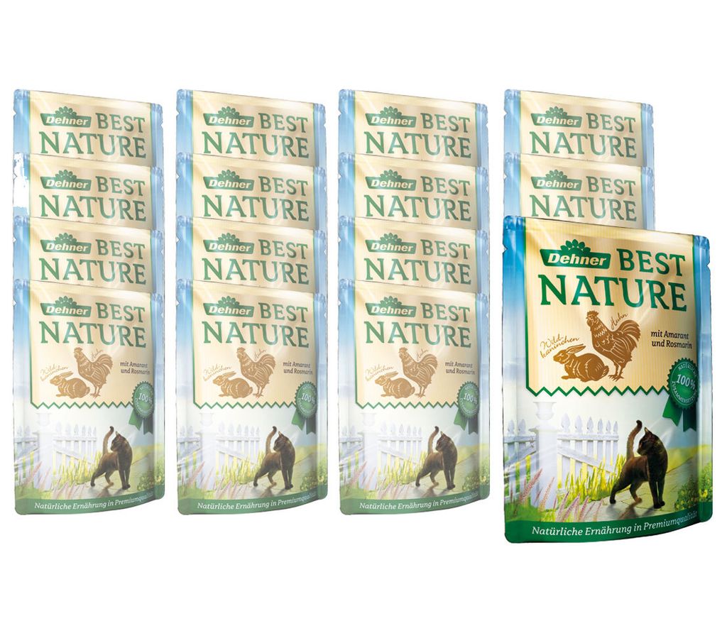 Dehner Best Nature Katzenfutter, Nassfutter, für ausgewachsene Katzen, Wildkaninchen / Huhn / Amarant, 16 x 85 g Beutel (1.36 kg)