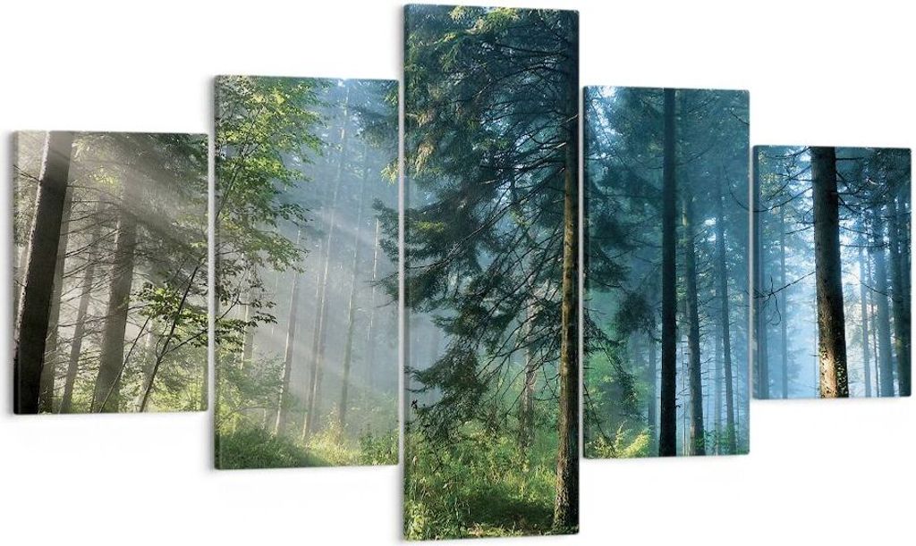 Bild auf Leinwand - Leinwandbild - 5 Teile - Wald Dämmerung die Sonne - 125x70cm - Wand Bild - Wanddeko - Wandbilder - Leinwanddruck - Bilder - Wa...