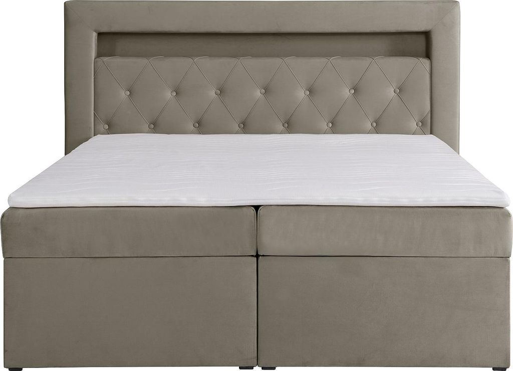 Schlafzimmer-Set dekorative Kopfstütze mit LED-Beleuchtung + Rahmen mit Box + Matratzen + Matratzenauflage - 180 x 200 cm - Velours - Taupe - ORAN...