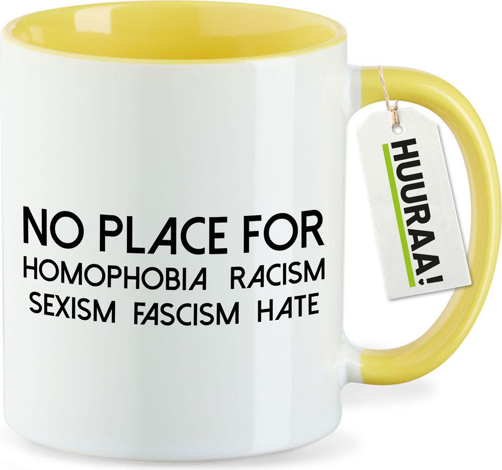 Huuraa Kaffeetasse No Homophobia Racism Hate 330ml Gelb Keramik Kaffeebecher Geschenkidee
