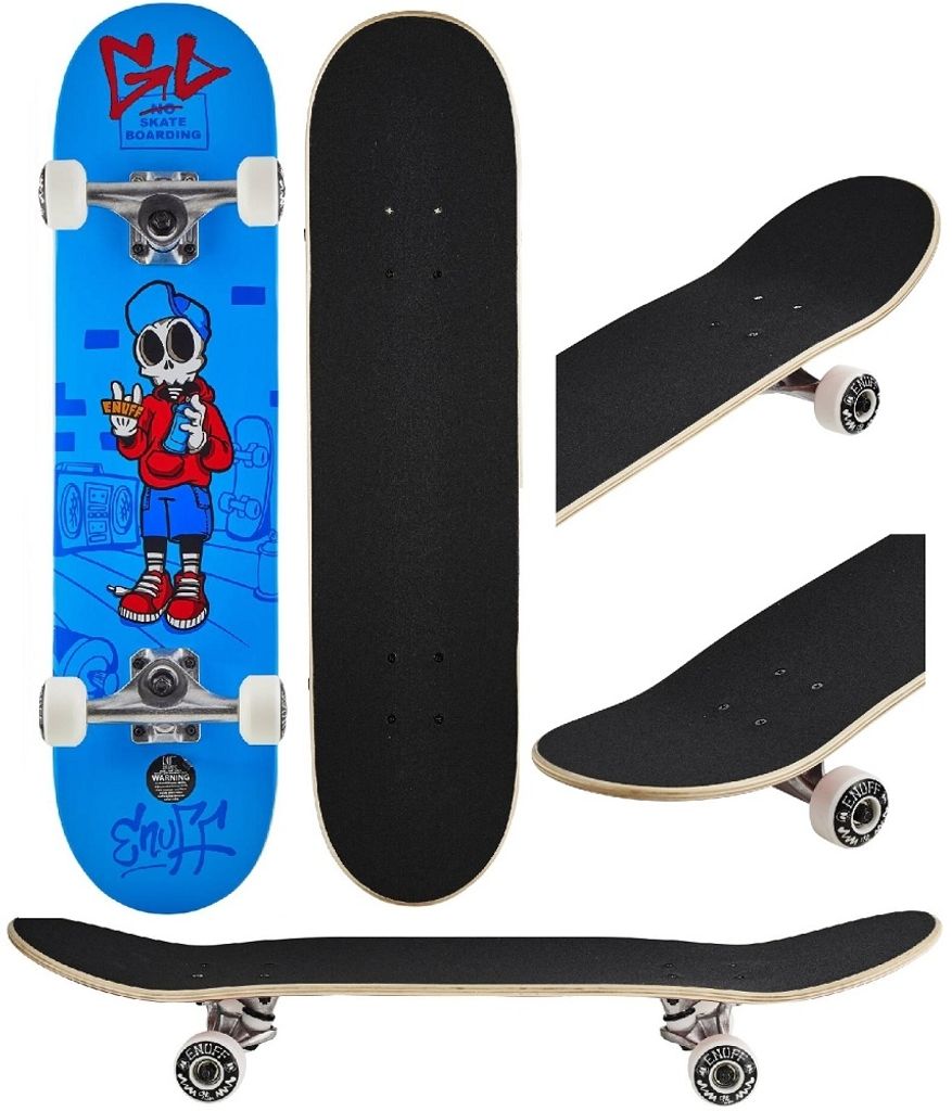 A collage of images showing a skateboard from different angles, including the top, side, and close-ups of the grip tape and wheels.