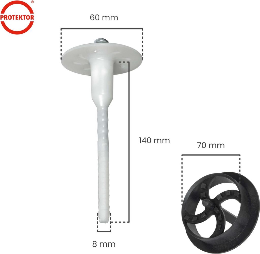 PROTEKTOR 500x Dämmstoff-Schraubdübel Set Ø8x140mm vormontiert (inkl. 600x Rondelle + 1 Fräser)