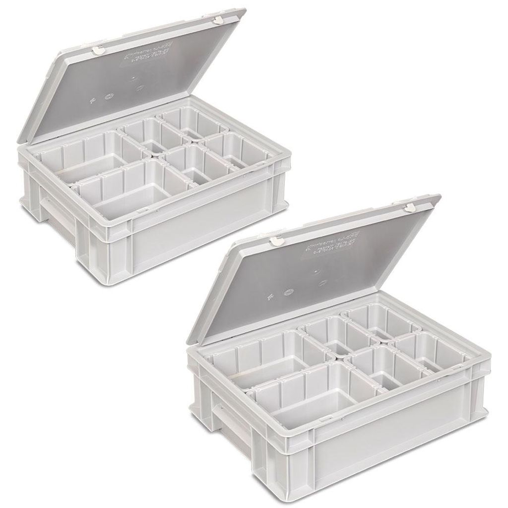 2x Euro-Deckelbehälter mit 6 Einsatzkästen, LxBxH 400x300x130 mm, grau