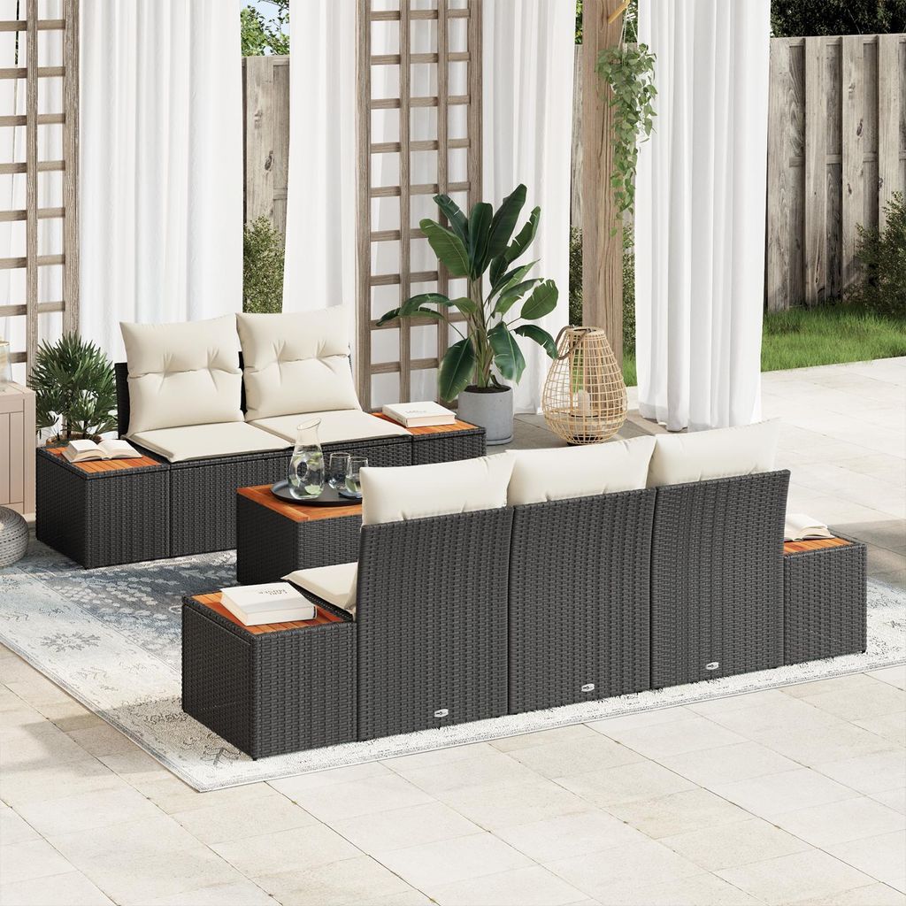 Desgin 6-teiliges Garten Sofa Set mit Kissen Schwarz Poly Rattan Akazie - Gartensofas 3356692