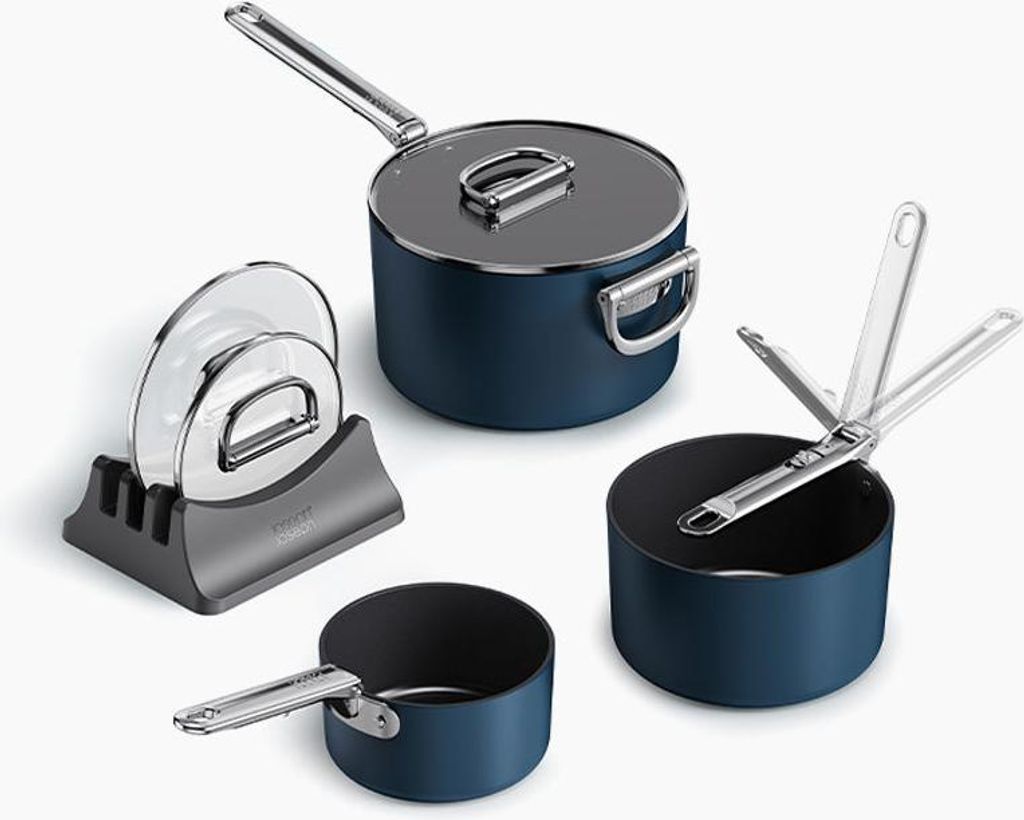 A set of navy blue cookware with silver handles and lids, arranged on a white background.