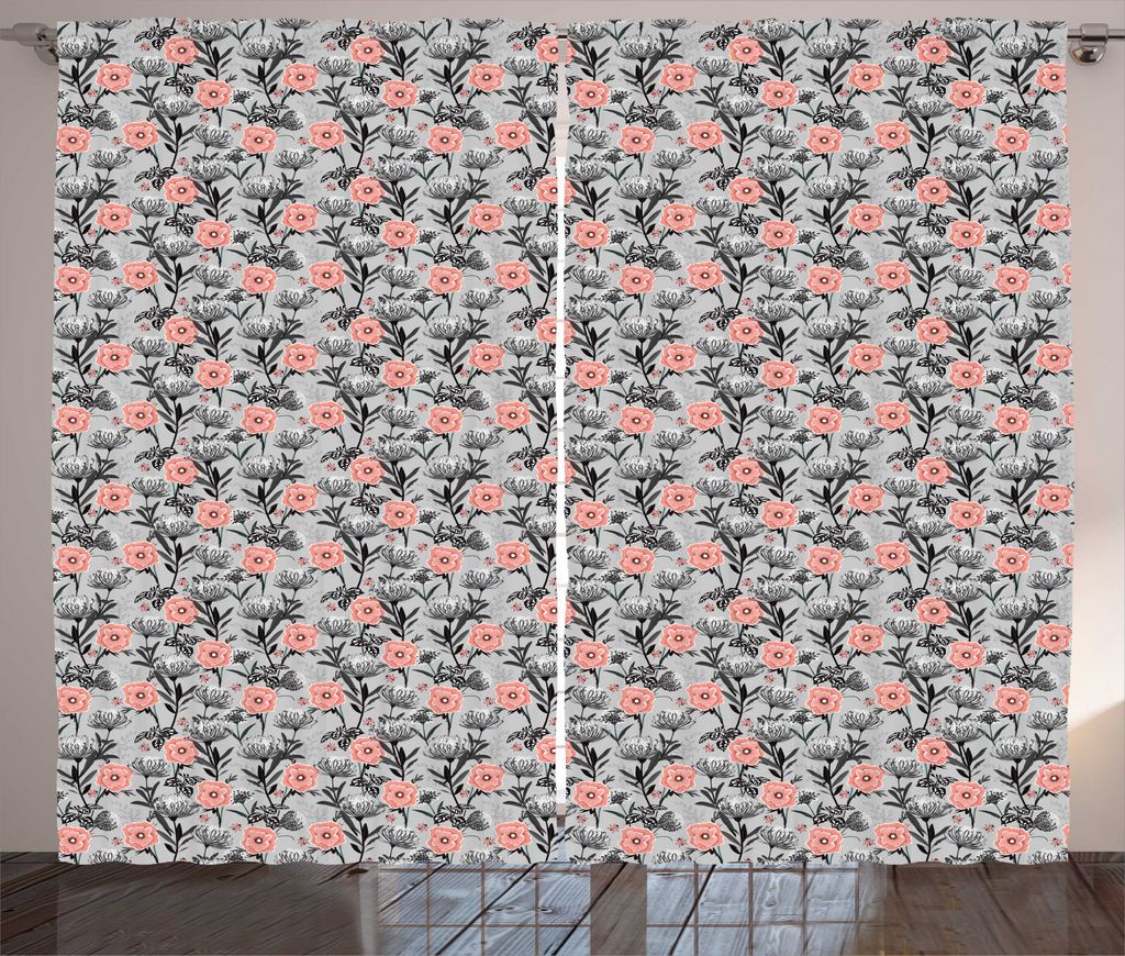 ABAKUHAUS Blumen Rustikaler Vorhang, Marienkäfer-Tropische Blumen, Wohnzimmer Universalband Gardinen mit Schlaufen und Haken, 280 x 225 cm, Blush ...