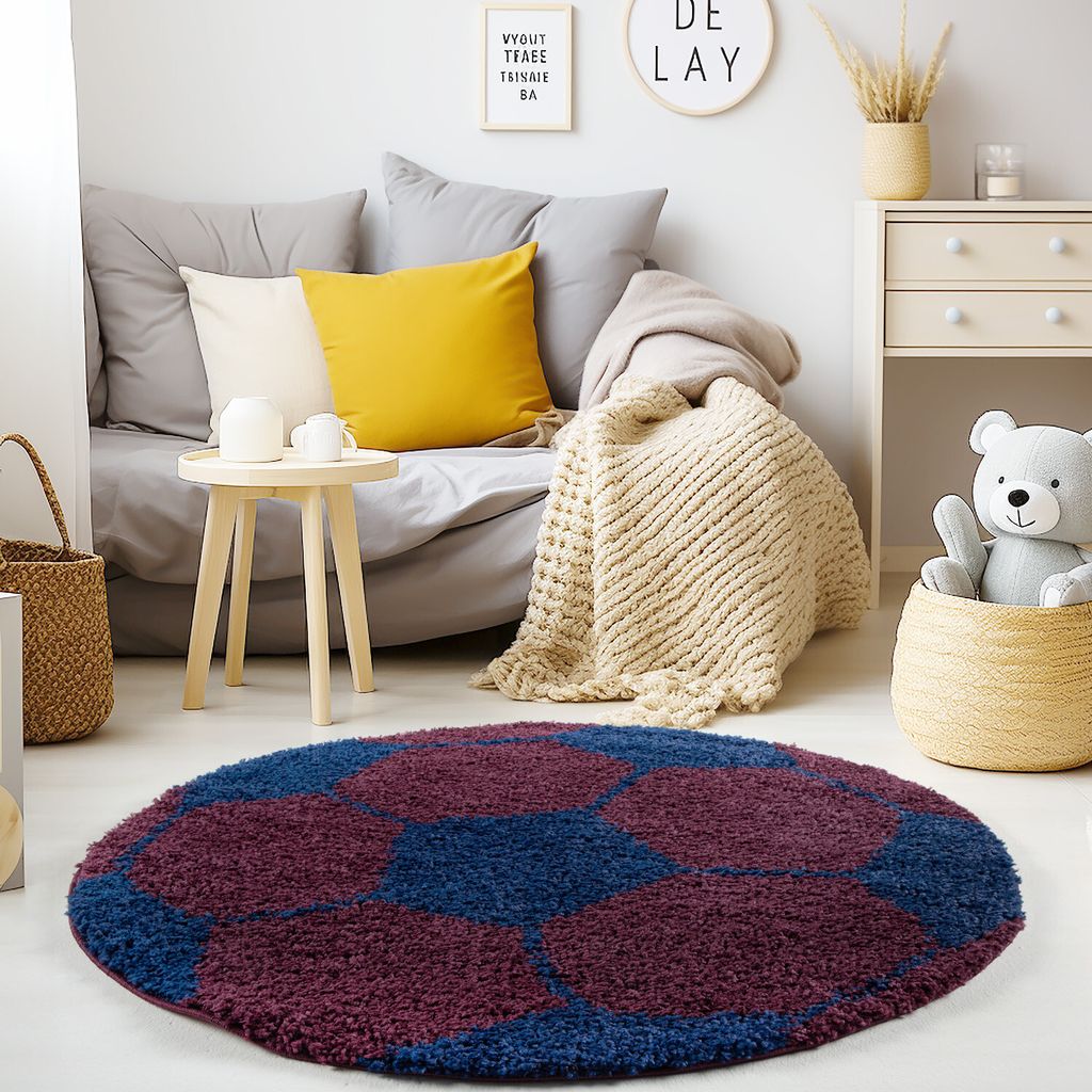 Kinderteppich Fußball Pflegeleicht Waschbar Strapazierfähig | Rund Marineblau 100x100 cm Kinderzimmer | MATREI – Kadima Design
