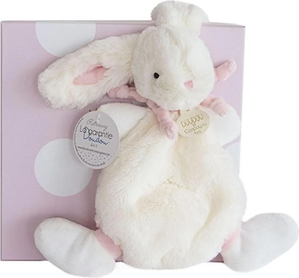Doudou lapin rose en coffret cadeau naissance, peluche souple 26 cm