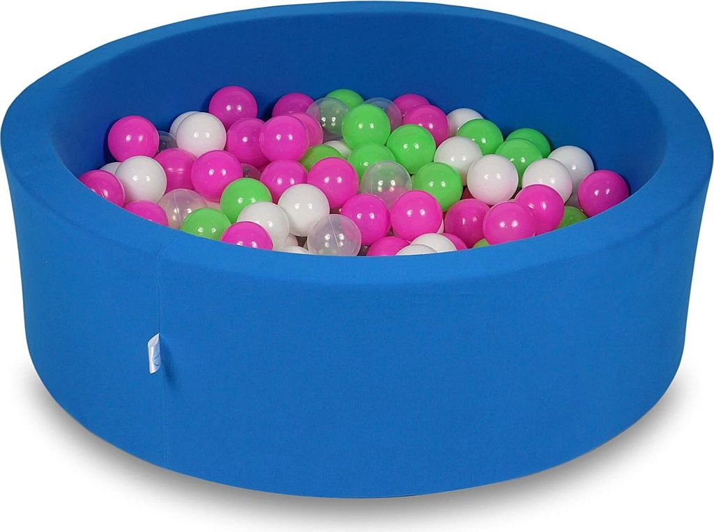 Bällebad 90x30cm azurblau – Mit 200 Bällen / Seladon, Rosa, Weiß, Transparent