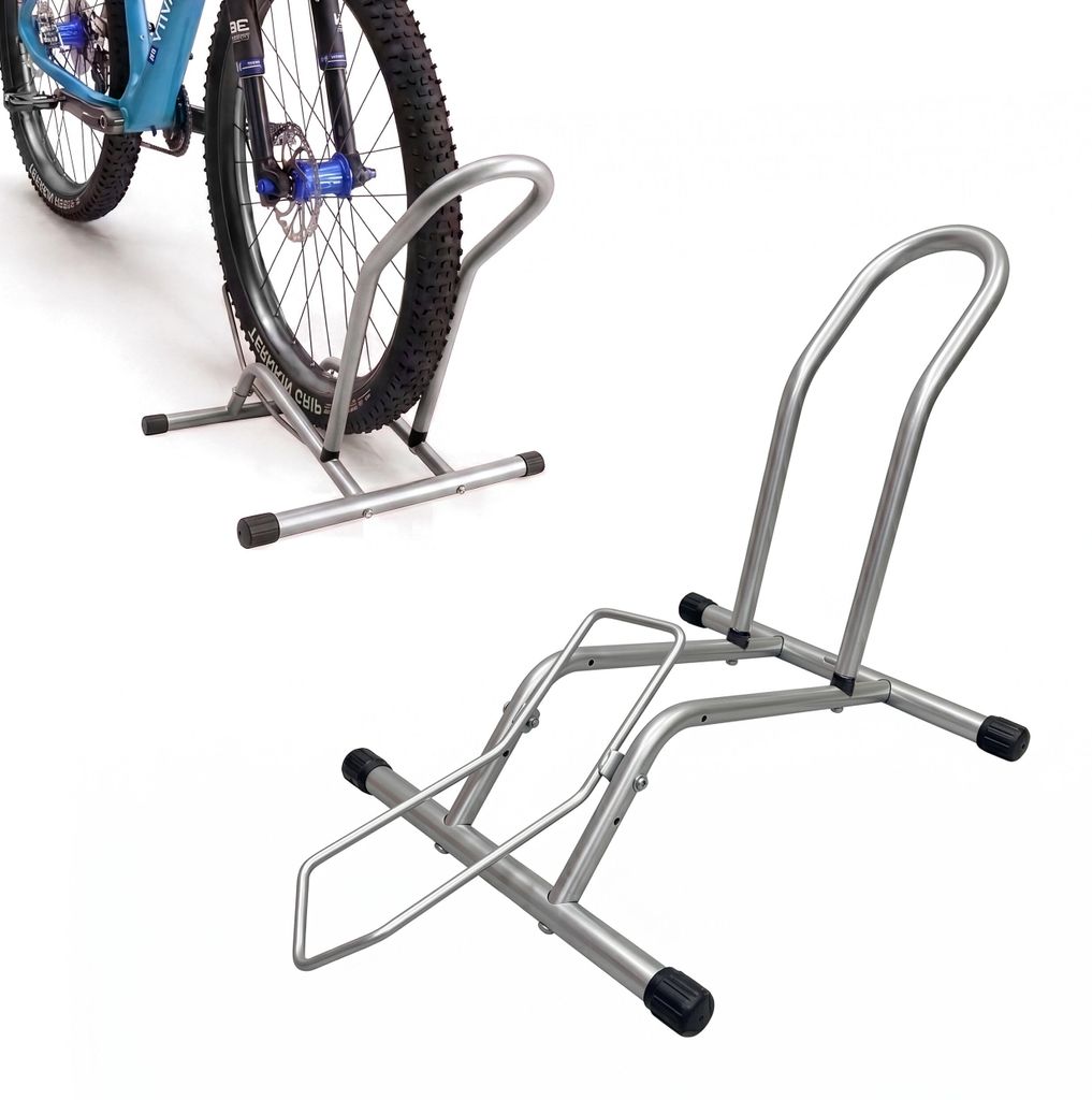Relaxdays Fahrradständer, 16–29 Zoll, Reifenbreite bis 10,5 cm, Vorder- & Hinterradständer, Boden, 1 Fahrrad, silber