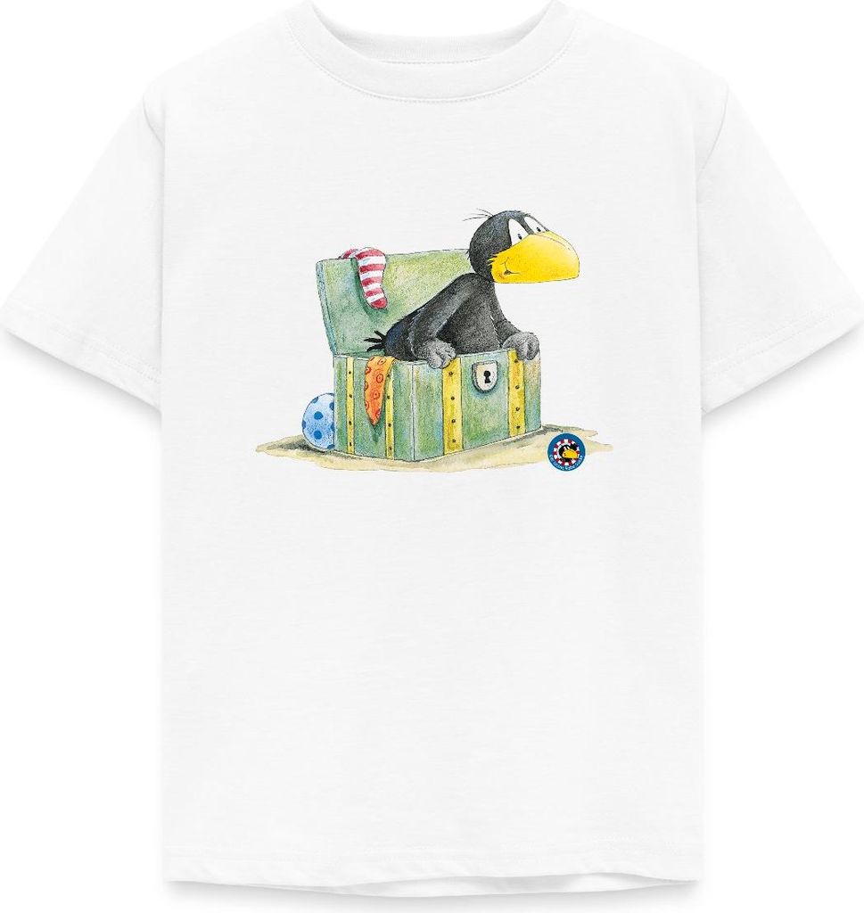 Spreadshirt Der kleine Rabe Socke Schatzkiste Kinder T-Shirt, 98/104 (3-4 Jahre), Weiß