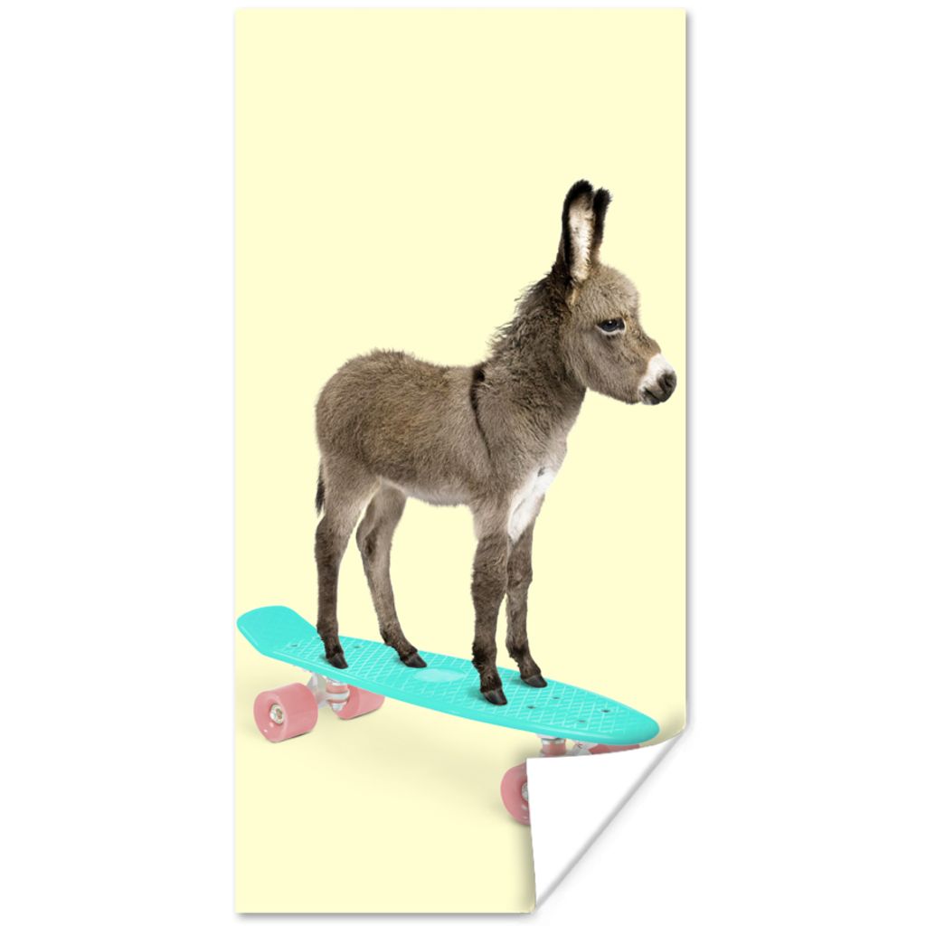 MuchoWow Poster Esel - Skateboard - Braun - Tiere - Gelb 75x150 cm - Dekoration für die Wände