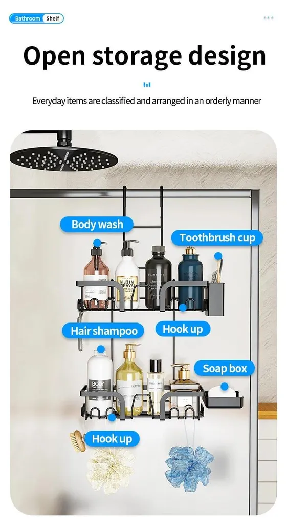 Rangement douche noir en métal sans perçage avec écoulement d'eau - 9