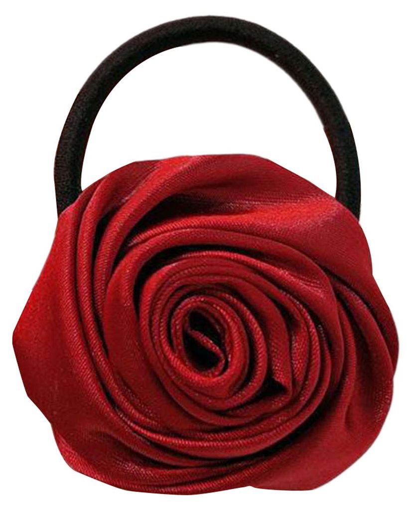Haargummi im französischen Stil mit glänzendem Satin-Rosenblüten-Dekor, handgefertigtes 3D-Blütenblatt-Design, weiches, glattes Haaraccessoire