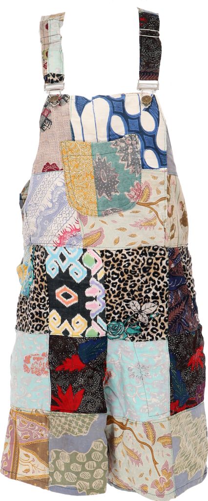 Goa Shorts, Kurze Patchwork Latzhose, Upcycling Boho Latzhose - Blau/bunt, Damen, Baumwolle, Größe: M