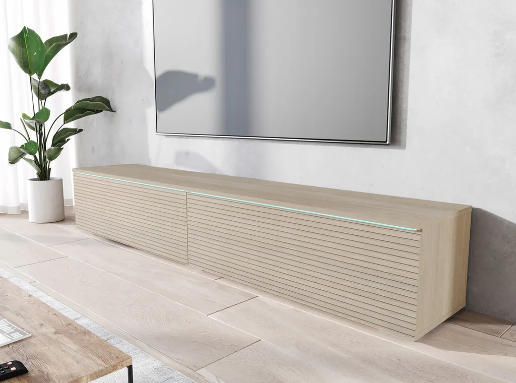 Meuble TV moderne 180 cm chêne gaia et façades à lattes décoratives