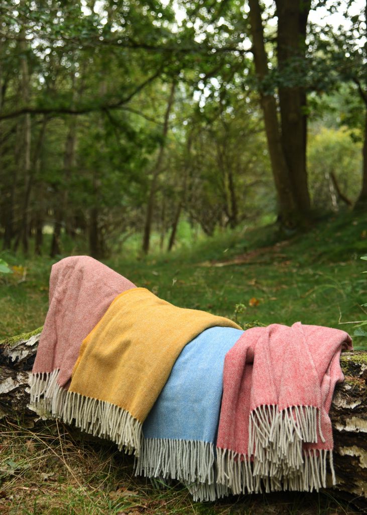Fischgrät Rechteckmantel aus Wolle, Wolldecke, Wollschal Blau