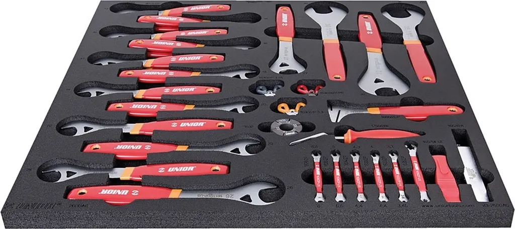 Coffret complet de 35 outils pour entretien de roue vélo Unior rouge SOS