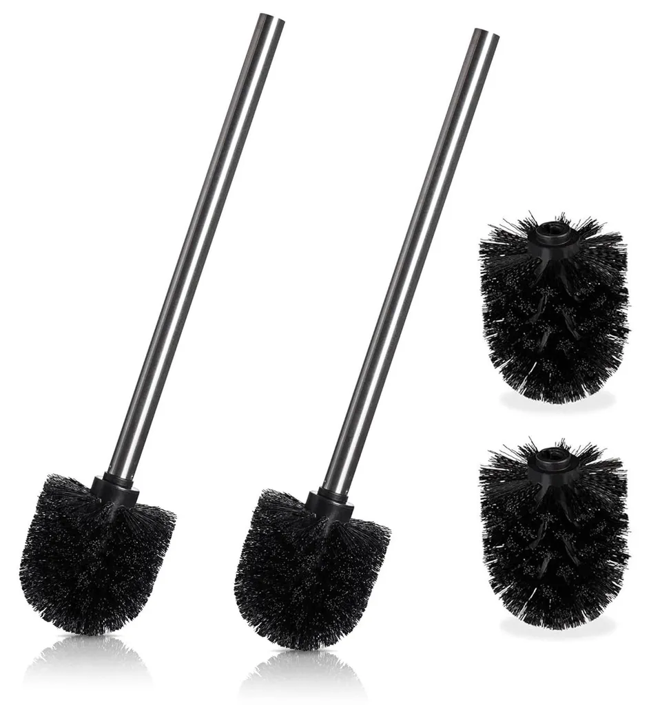 Lot de brosses WC élégantes en acier inox noir, 2 têtes interchangeables