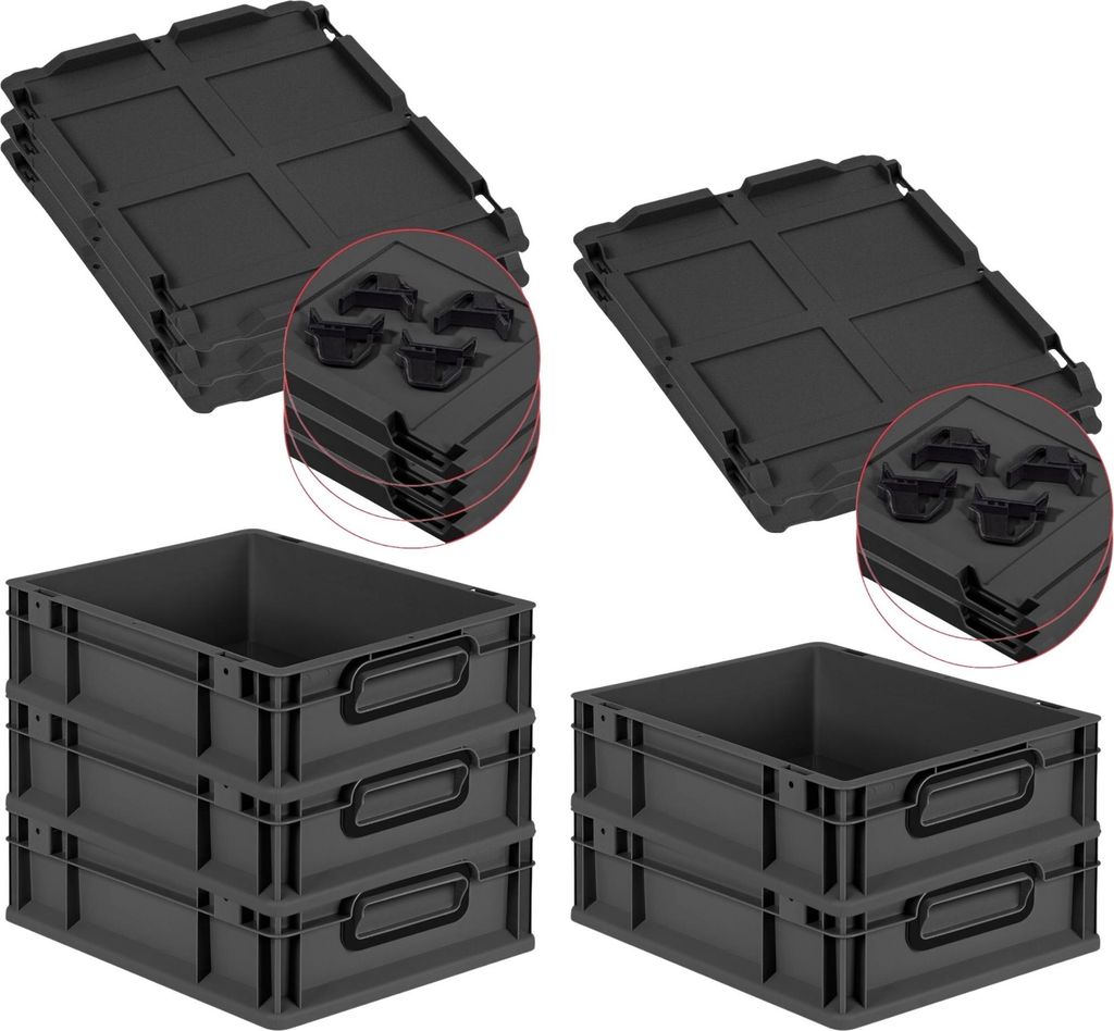 SparSet 5x Eurobox NextGen Color mit Auflagedeckel und Schiebeschnappverschlüsse | HxBxT 12x30x40cm | 11 Liter | Schwarz | Griffe schwarz geschlos...