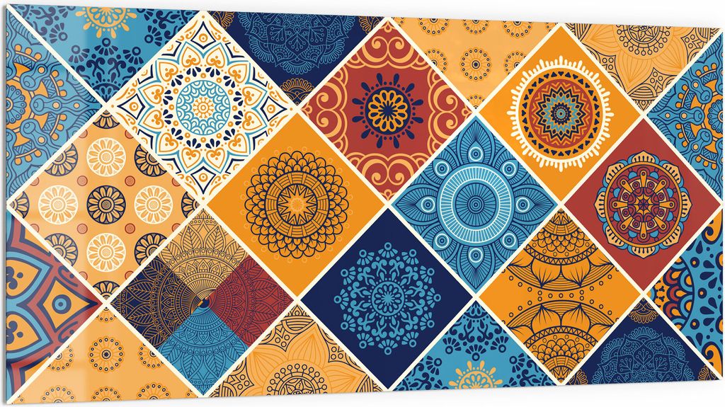 DEQORI Küchenrückwand Glas 100x50 cm 'Viereckiges Fliesendekor' Spritzschutz Bad Rückwand