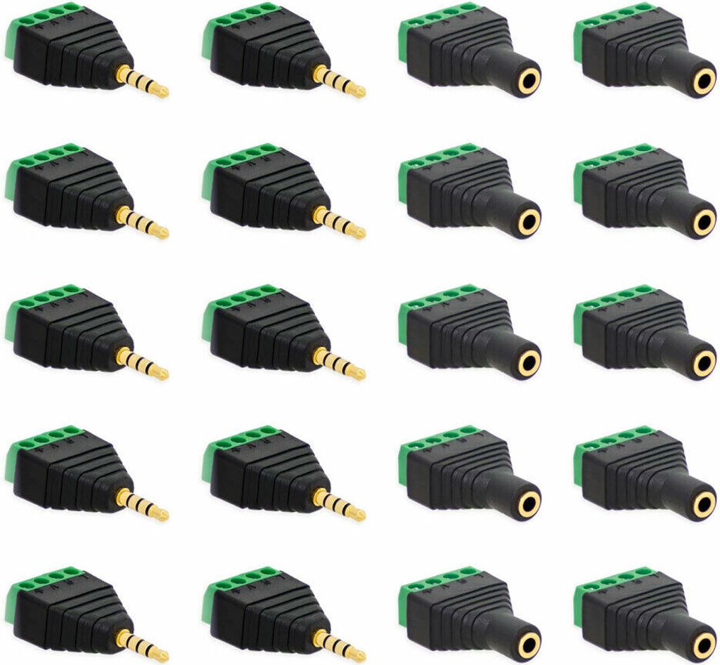 10x Klinken Buchsen + 10x Stecker 3,5mm Adapter > Terminalblock 4 Pin Schraub Klemme Set