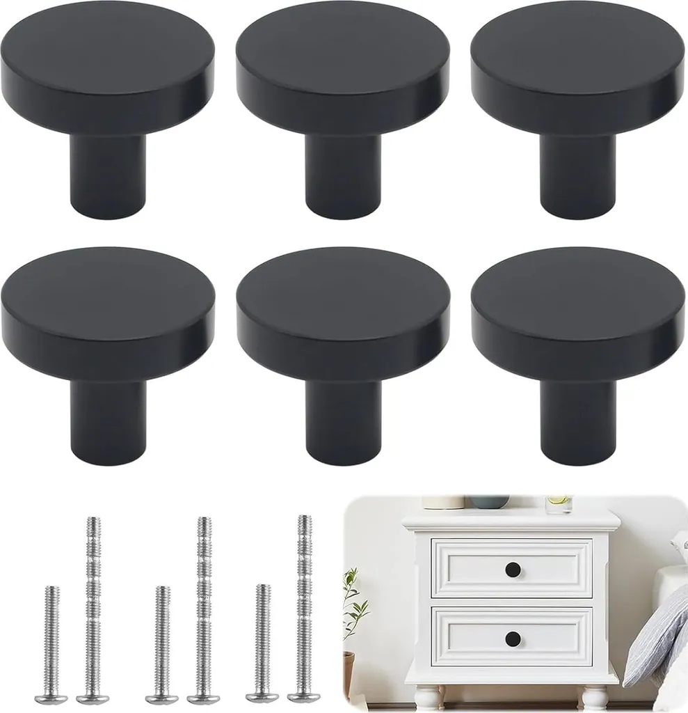 Lot de 6 Boutons de Meuble Noirs 30mm avec Vis pour Tiroir et Placard