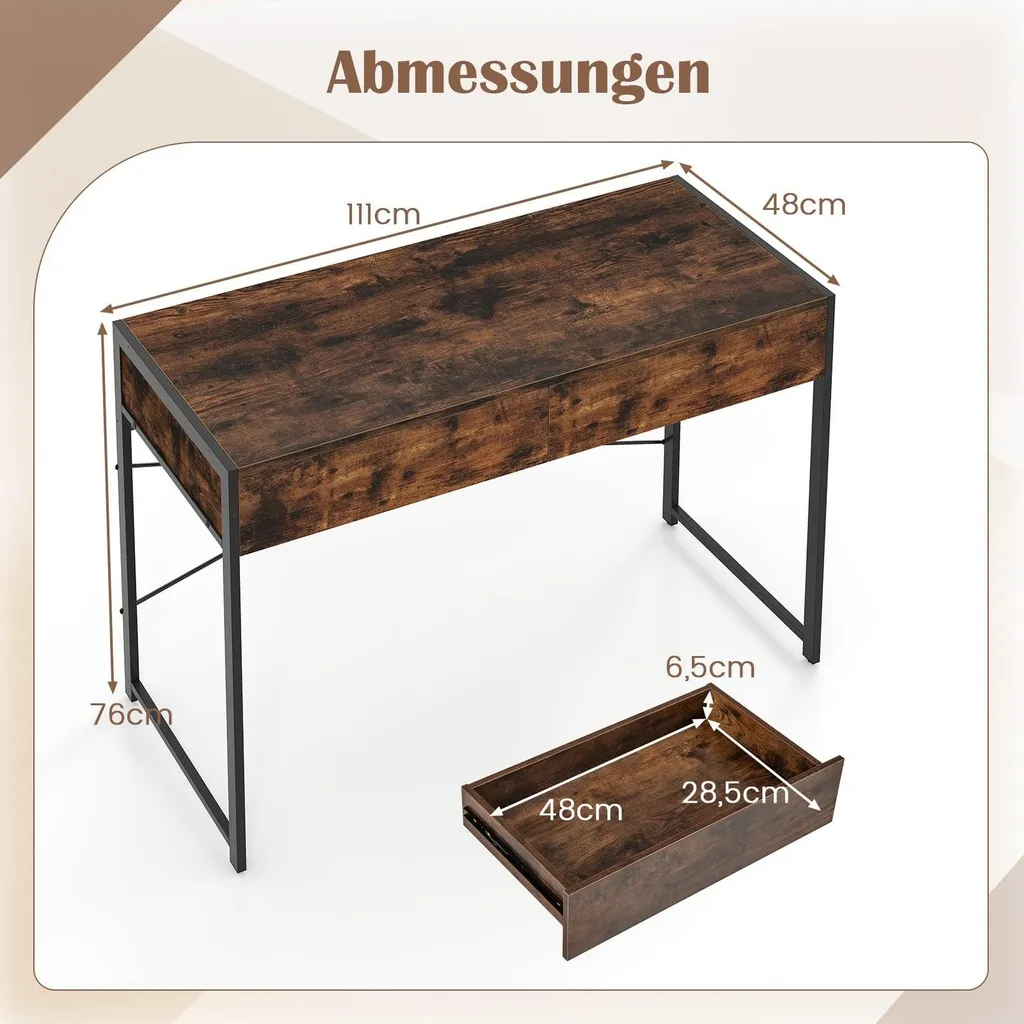 Bureau d'ordinateur compact, 2 tiroirs de rangement, aspect chêne rustique - 2