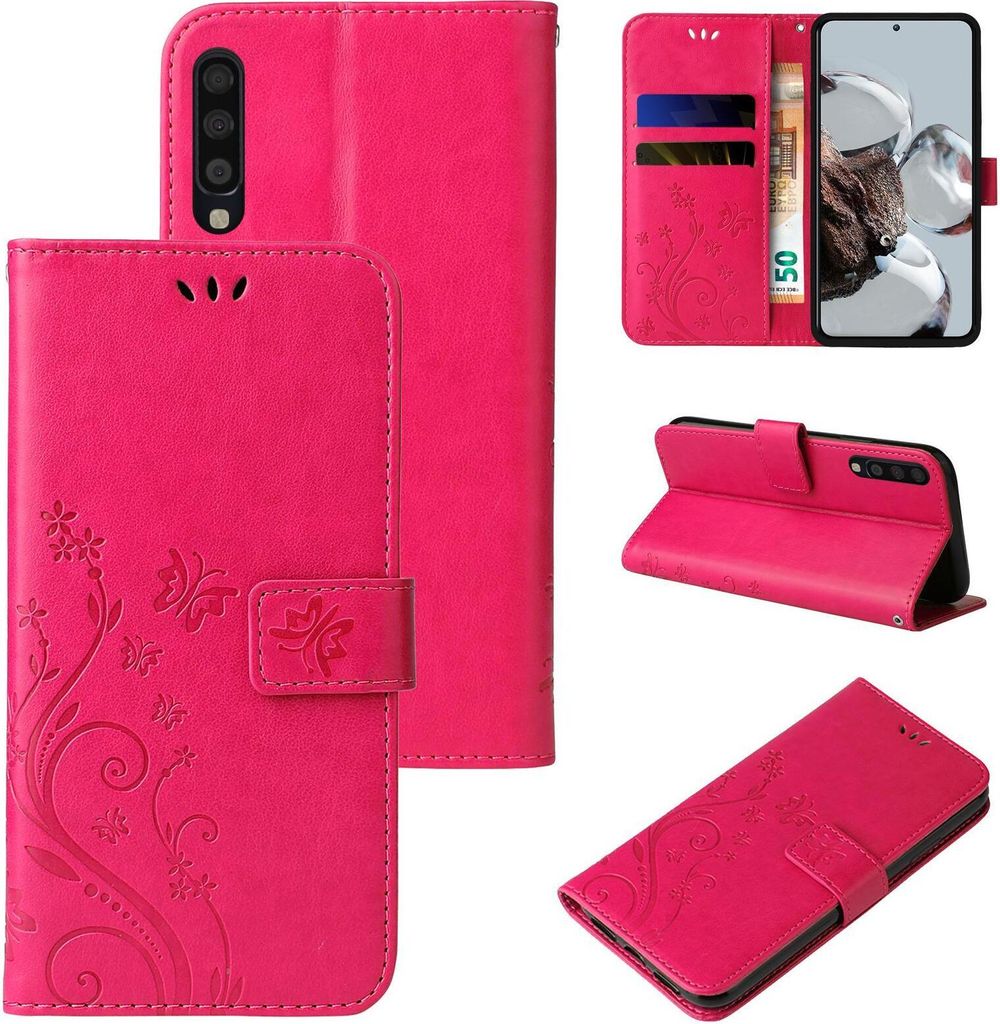 Handyhülle für Samsung Galaxy A70 Floral Blumen Schmetterling Flip Cover Hülle Case Klapphülle Handytasche Farbe: Pink