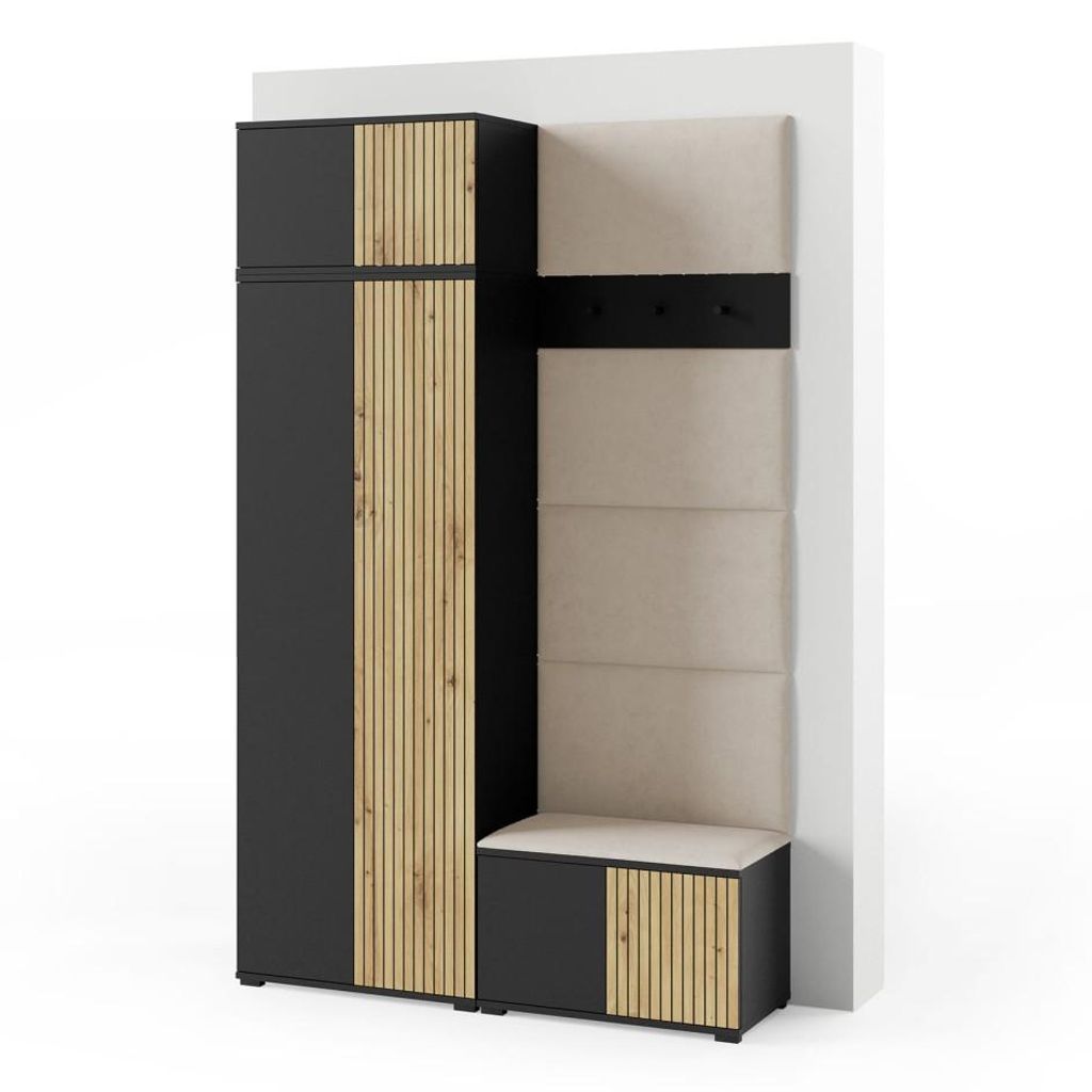 Garderoben-Set Rosario Version 2 mit Lamellen, Kleiderschrank mit Polsterplatten und Schuhschrank (Schwarz / Eiche Artisan, Trinity 02)